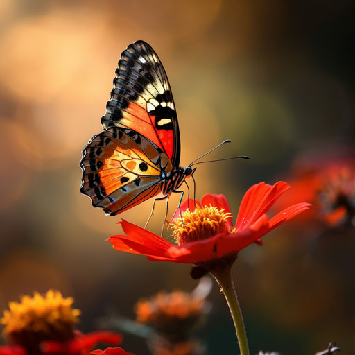 Butterfly on blurred flower red-orange-black style