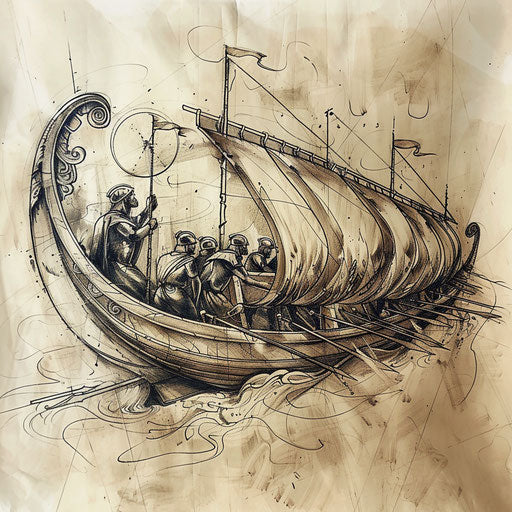 Sophisticated fine art tattoo sketch of an ancient galley with rowers in a classical style