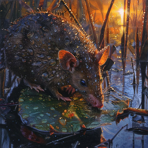 A marsupial mouse drinking on a dew-covered leaf at dawn