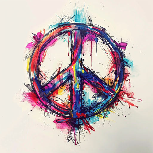 Eclectic blend of peace symbol and abstract art in vivid colors