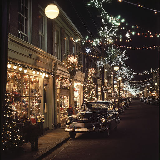 A charming street in the 1950s at Christmas