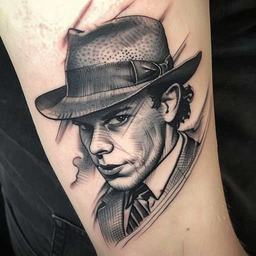 Black and grey ink tattoo of a classic gangster with a fedora hat on a white backdrop
