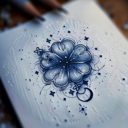 Bold sketch of a black clover surrounded by stars and moons in midnight blue