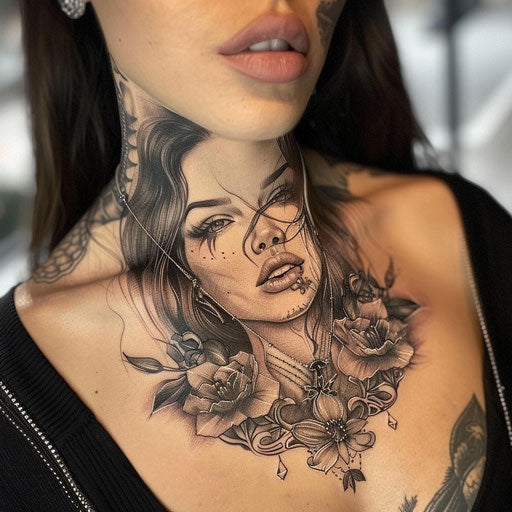 Realistic portrait of a loved one as a chest tattoo for women