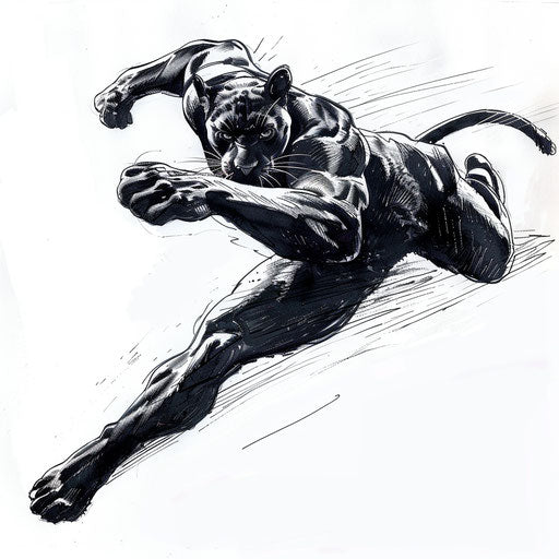 Dynamic black panther in mid-leap, bold tattoo sketch