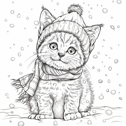 Adorable kitten with winter scarf and hat, coloring page