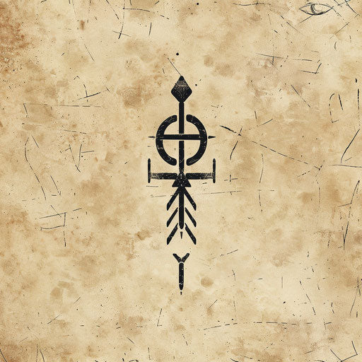 Historical flat tattoo sketch of a rune with elements from ancient Egyptian hieroglyphs in sandy beige