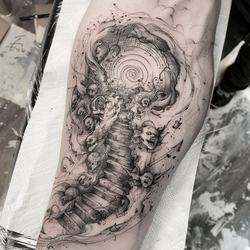 Dynamic flat tattoo sketch of souls ascending and descending in a hellish vortex