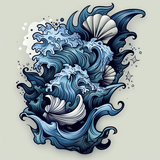 Nautical flat tattoo sketch, dark mark with ocean waves and seashells in blue