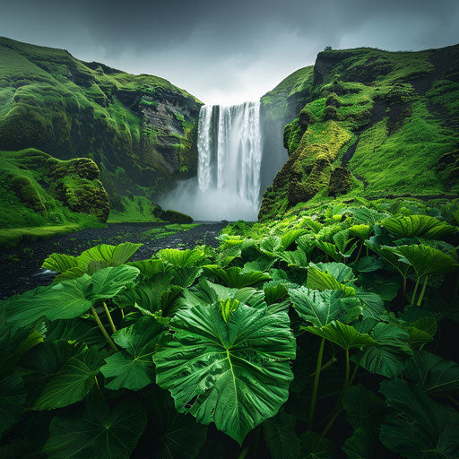 Skogafoss surrounded by vibrant tropical vegetation