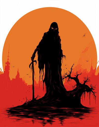 Silhouette of a grim reaper with a scythe and a grave