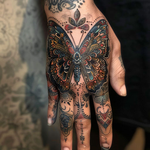 Intricately detailed butterfly hand tattoo