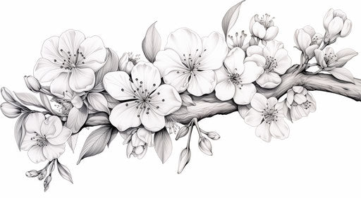 Detailed flowers and leaves in black and white