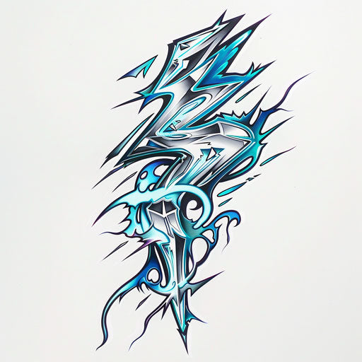 Vibrant tattoo sketch of a thunderbolt with electric blue and silver