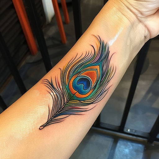 Sketch of a majestic peacock feather with vibrant colors for wrist coverup tattoo for women