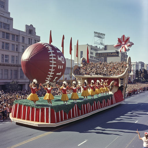 Parade float as football stadium with spectators, oversized footballs and goalposts, cheerleaders performing