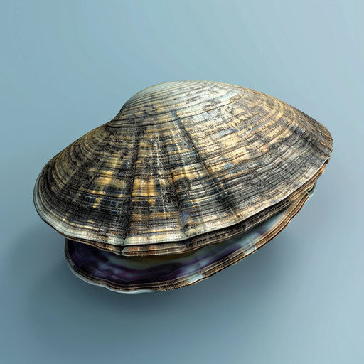 Clam clipart in photo realistic style with a flat random background, high contrast and saturated hues