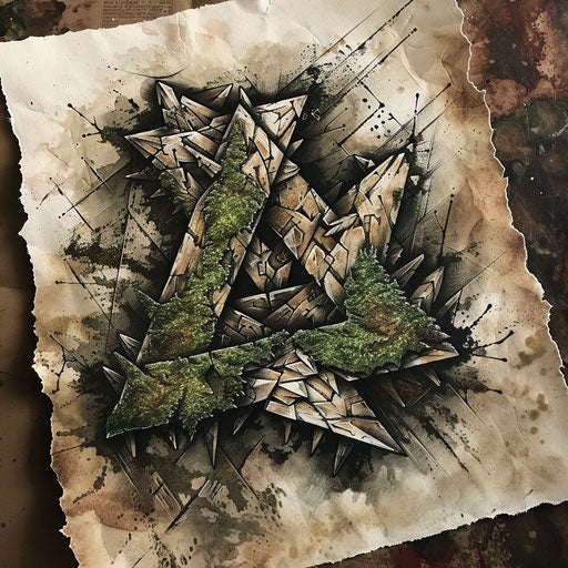 Rugged stone texture tattoo sketch of a Valknut with moss green and earth tones