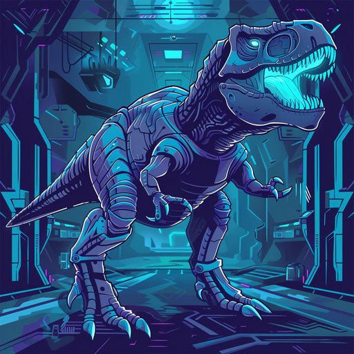 Futuristic flat tattoo sketch of a cyber T rex in a dystopian setting, neon blues and silvers, clipart style