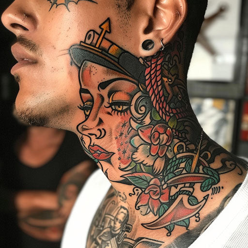 Men's neck tattoo with classic pin-up girls and anchors