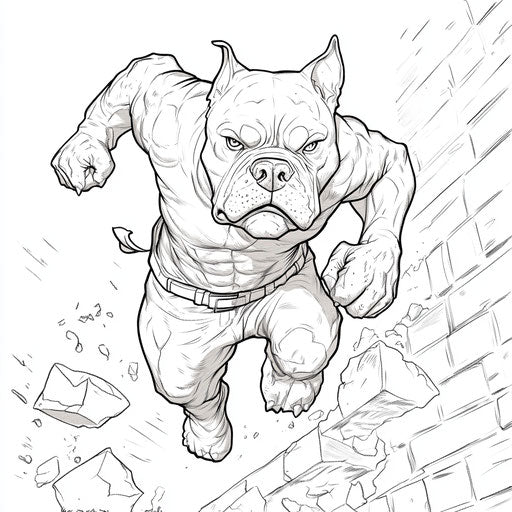 Heroic pitbull in an action pose in the style of Mark Schultz, coloring book page