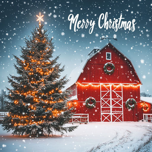 Christmas card, tree in front of red barn with wreaths and lights, Merry Christmas text, Christmas background, snow falling on ground.