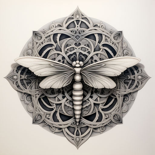 Stylized dragonfly in graphite, Maori art, symmetrical arrangement