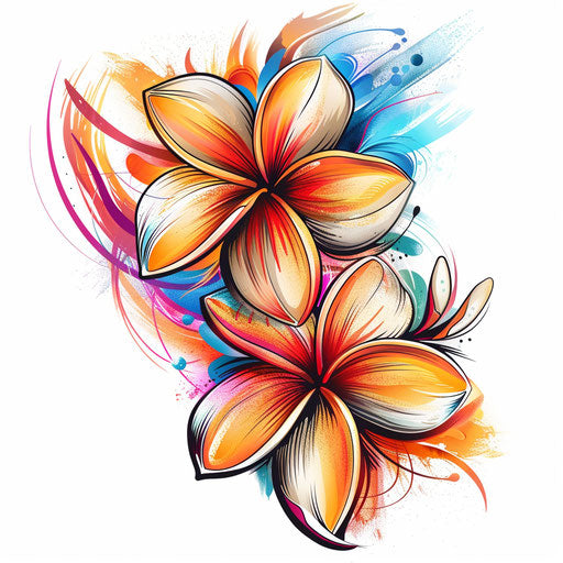 Dynamic flat tattoo sketch of plumeria with motion effects and swirling color bursts