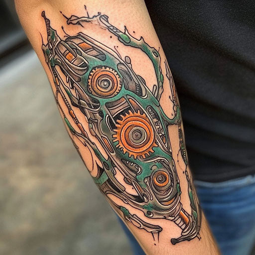 Biomechanical inner arm tattoos with gears and wires design