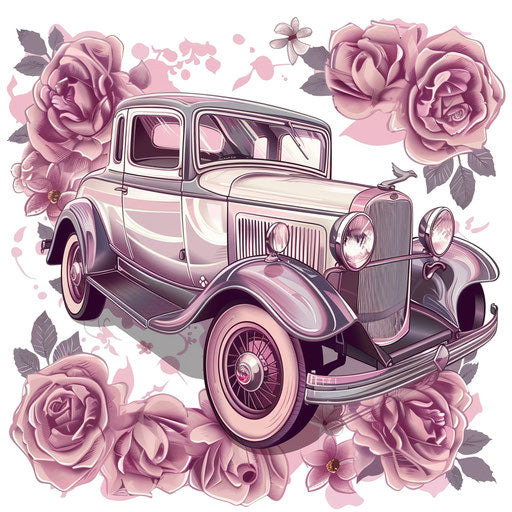 Romantic clipart style flat tattoo sketch of a vintage coupe with roses and soft pinks