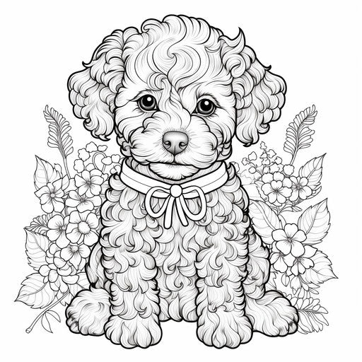 Puppy sitting on coloring page background, detailed nature style