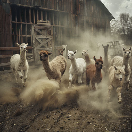 Alpacas playing in a rustic barnyard
