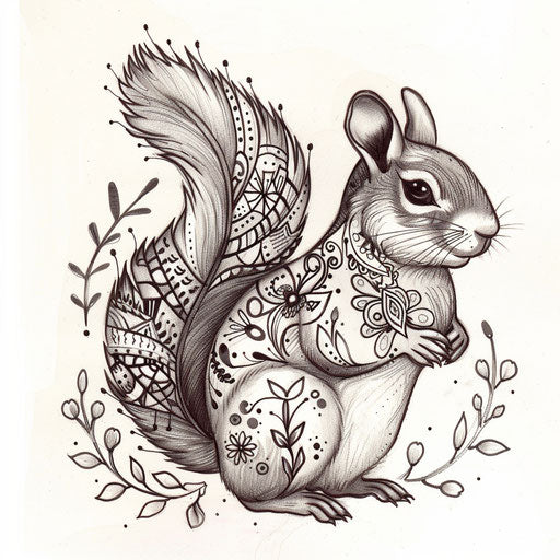 Cultural flat tattoo sketch of a squirrel adorned with traditional folk art motifs