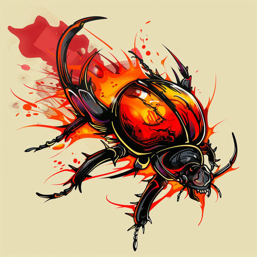 Dynamic tattoo sketch of a fire-themed beetle with vivid red and orange colors in clipart style