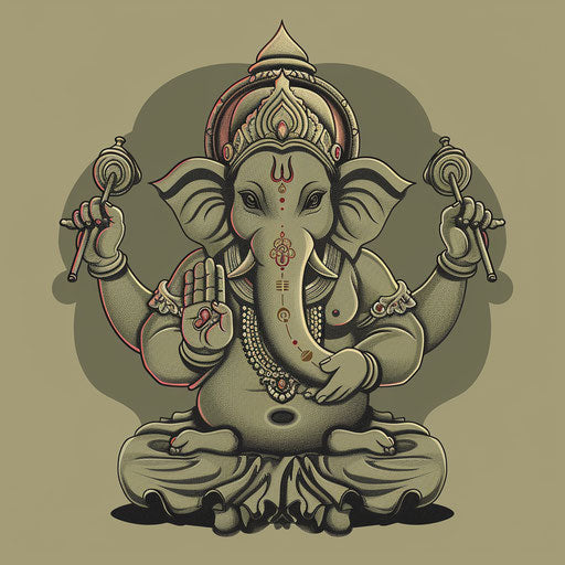 Ganpati clipart in a realistic depiction with a flat, muted olive background