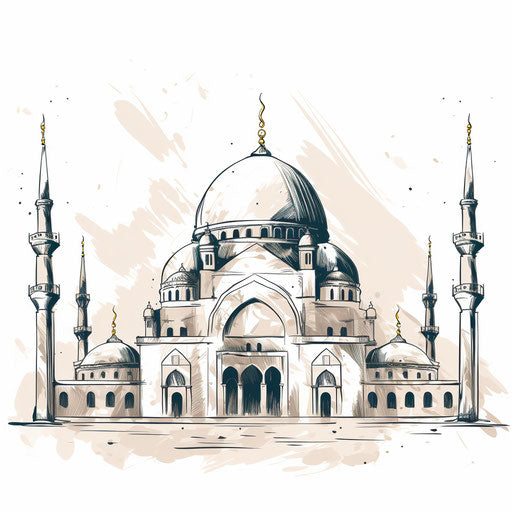 Mosque illustration in the style of Chiaroscuro Art, on white background