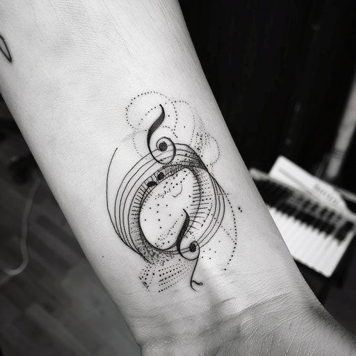 Energetic tattoo sketch of three dots as musical notes on staff, in black and white