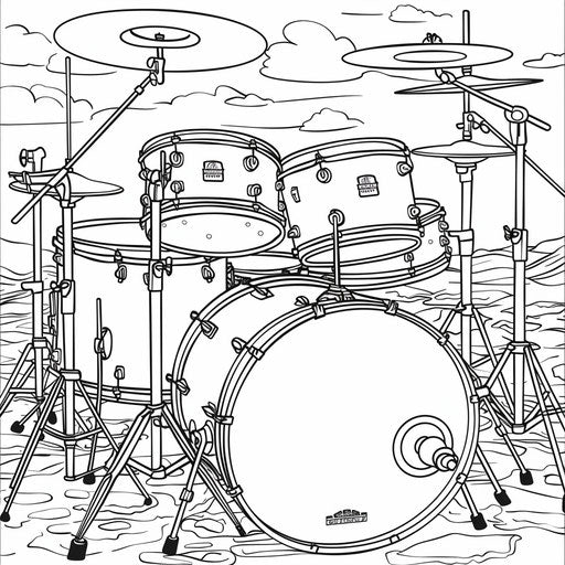 Detailed drum set with cymbals and drumsticks. Coloring book page