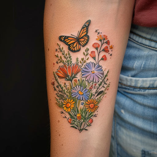 Wildflower tattoo with butterfly, colorful petals, realistic insect, nature-inspired