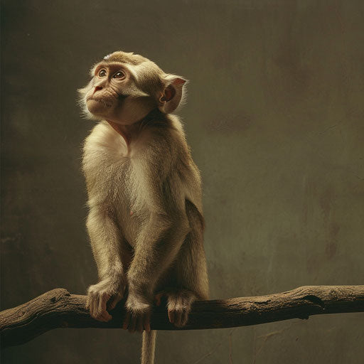 Rhesus monkey standing on a branch, Colbert style