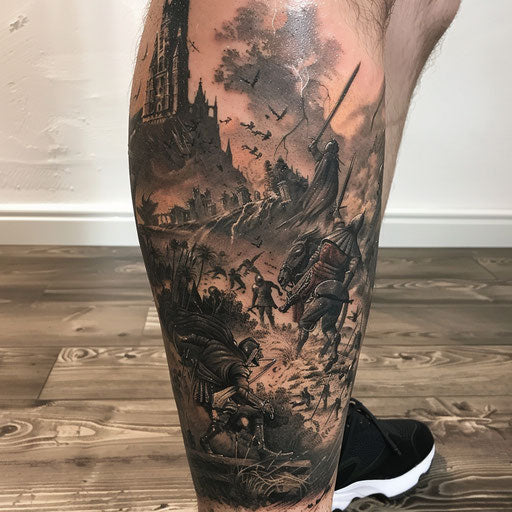 Epic battle scene leg tattoo in the style of Gerald Brom