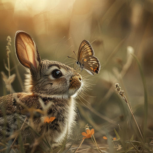 Meeting between a rabbit and a butterfly, a delicate dance of curiosity and beauty