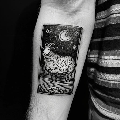 Bold and dark flat tattoo sketch with a sheep under a starry night sky