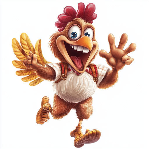 Humorous caricature of a happy Thanksgiving caricature with human characteristics, exaggerated expressive eyes, toes feet, running, vibrant colors, cartoon style, waving, high resolution, no background, isolated