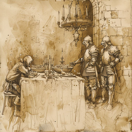 Retro tattoo sketch of a knight's banquet scene