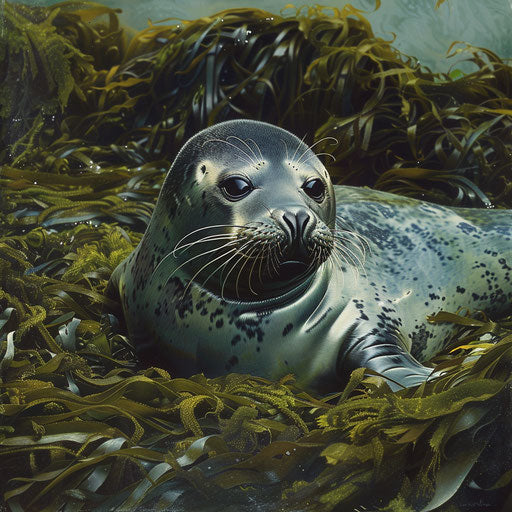Hawaiian monk seal resting on a bed of seaweed