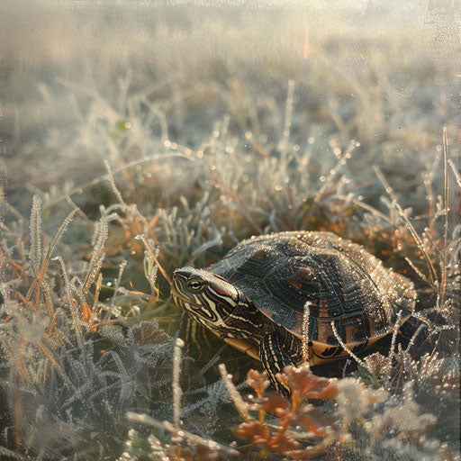 Frosty dawn: wood turtle among glistening grass