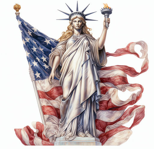 American statue with American flag on white background