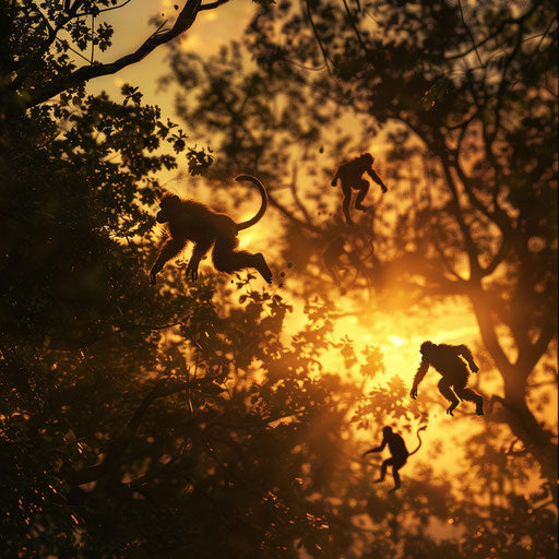 Monkeys racing through trees at sunset