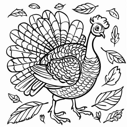 Simple outline of a turkey surrounded by fall leaves
